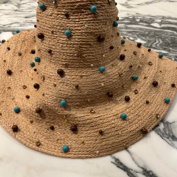 NWT Lele Sadoughi Turquoise Embellished Straw Sun Hat Natural One Size main image 6